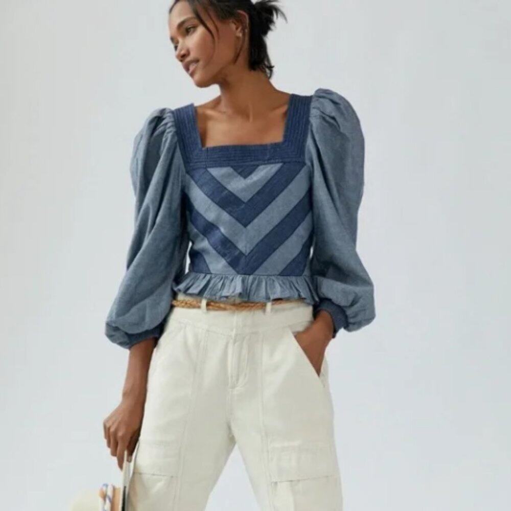 Anthropologie Love The Label Smocked Puff-Sleeve Blouse in Blue Combo
